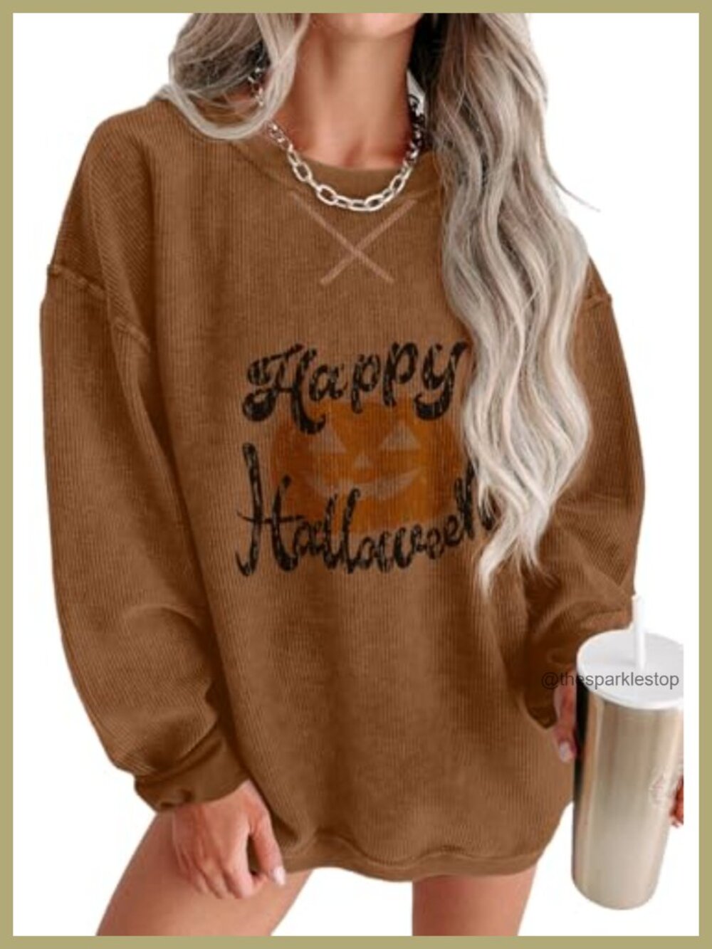 Oversized Corduroy Crewneck Sweatshirt Pumpkin Print Long Sleeve Pullover